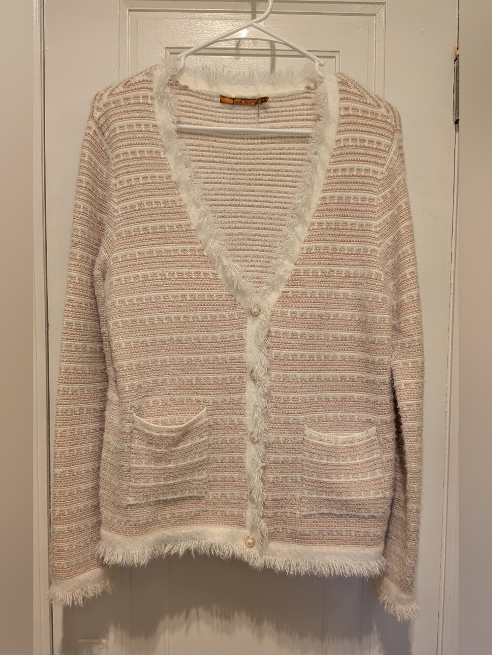 Belldini Blush Pink Taupe and White Fringe Trim V-Neck Cardigan
